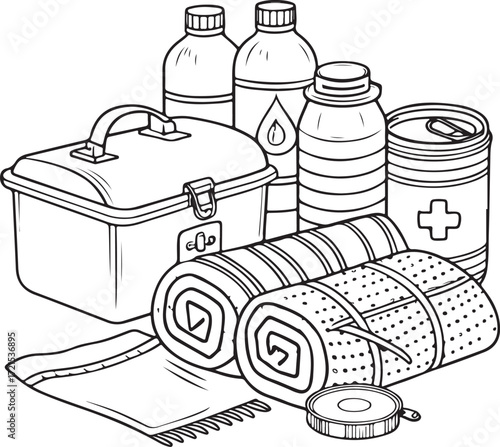 Disaster relief supplies kit Hand-drawn Vector Illustration, Sketch Drawing Doodle Line Linear Symbol Icon Engraving Coloring Book, Black and White Isolated