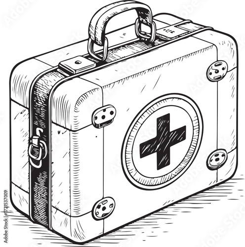 First Aid Kit Emergency Response Hand-drawn Vector Illustration, Sketch Drawing Doodle Line Linear Symbol Icon Engraving Coloring Book, Black and White Isolated