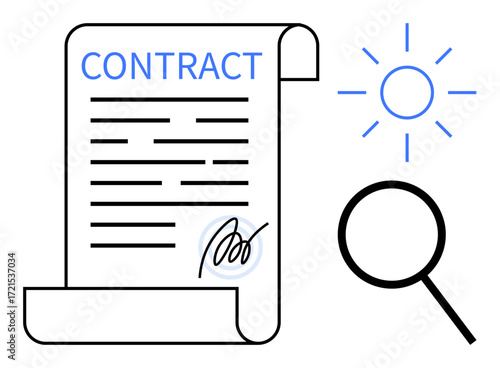 Contract scroll with signature, magnifying glass, and sunburst. Ideal for legal services, agreements, document review, transparency, approval, business deals professional collaboration simple flat