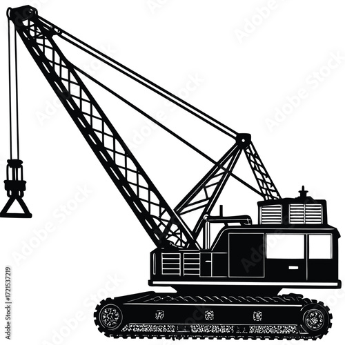 Vintage style illustration of a crawler crane with a clamshell bucket