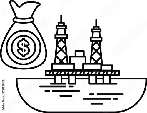 A black and white drawing of a large bag of money and a large oil rig