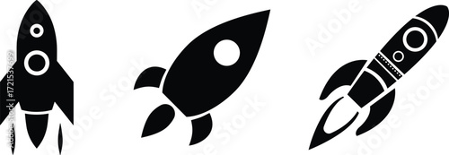 Three Rocket Ship Icons Black Silhouettes, Space Travel, Startup, Launch, Vector Illustration