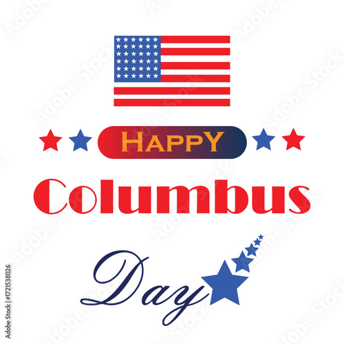Patriotic Columbus Day graphic with American flag, festive typography, red and blue stars, and celebratory design for U.S. holiday themes