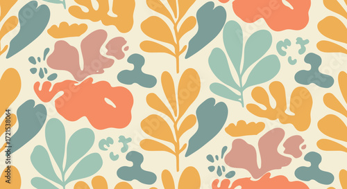 Abstract floral pattern with organic shapes in pastel colors, seamless repeating background, modern art style, matisse inspired, vector illustration