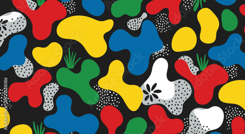 Abstract organic shapes and patterns in vibrant primary colors like red, yellow, and blue, interspersed with green and white elements on a dark background, creating a playful and modern design