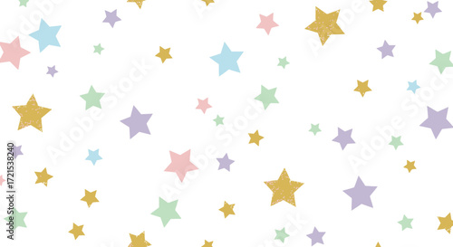 Delicate pastel and golden glitter stars sprinkled on a clean white canvas, evoking a sense of wonder and enchantment, ideal for cheerful and celebratory backgrounds