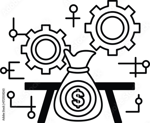 A black and white drawing of a bag of money with a gear on top of it