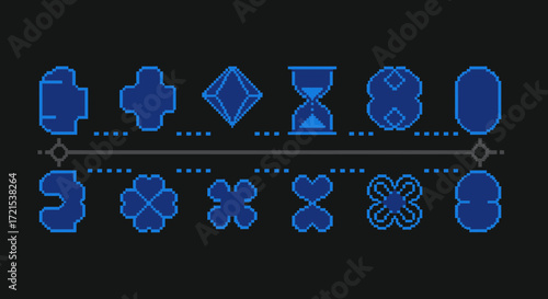 A collection of pixel art icons representing various symbols and objects, arranged in two rows above and below a horizontal line, on a dark background