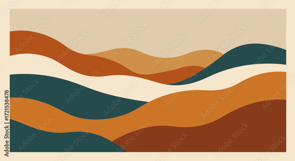 Fototapeta premium Abstract landscape with rolling hills in warm earth tones, featuring curves and layers of terracotta, beige, and teal, evoking a sense of calm and natural beauty in a minimalist style