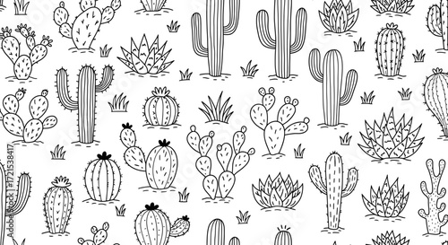 Seamless pattern of various handdrawn cacti and succulents in a doodle art style, isolated on a, perfect for desertthemed designs and botanical illustrations