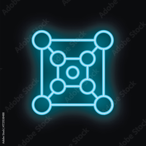Glowing neon blue blockchain network connecting dots on black background