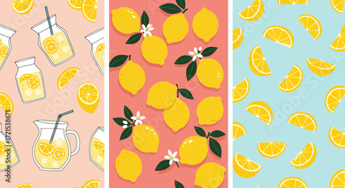 A vibrant and refreshing collection of lemonthemed patterns, featuring whole lemons, sliced lemons, and lemonade in jars and pitchers, perfect for summer and beverage designs