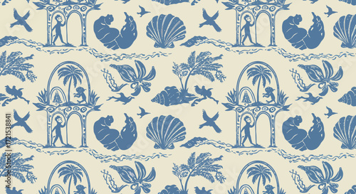 Seamless vintage pattern of coastal elements, featuring whimsical figures, seashells, and tropical flora