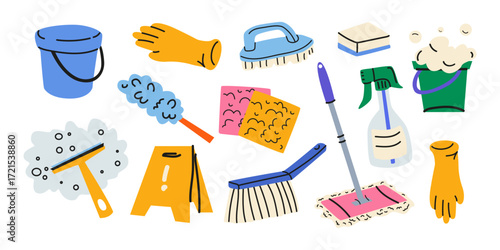 Cleaning cartoon doodle stickers in groovy style. Cleanliness concept. Sponge, brush, detergents, spray, rag, bucket, cleaners, gloves, disinfection elements. Housework vector illustration