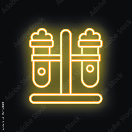 Glowing neon icon of two test tubes held in a rack, commonly found in laboratories