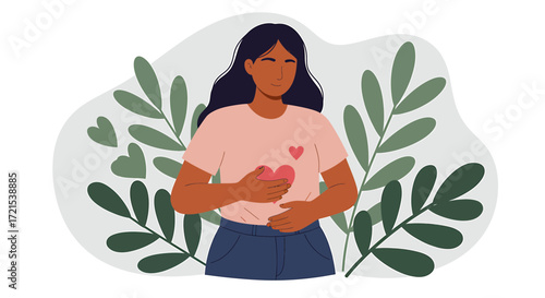 A woman holding her chest with a heart symbol, representing selflove, care, and health awareness, surrounded by abstract organic shapes and green leaves, conveying a sense of peace and wellbeing