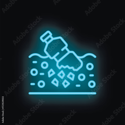Neon icon of a plastic bottle polluting sea water, highlighting the global issue of plastic pollution