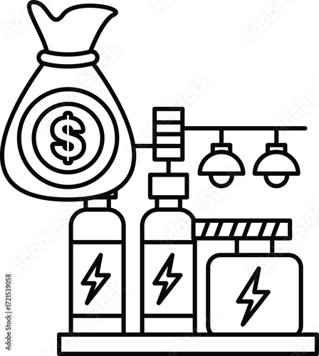 A black and white drawing of a bag with a dollar sign on it