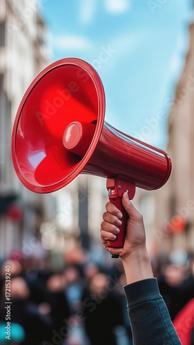 Hand holding a red megaphone in a crowd, symbolizing protest and announcement