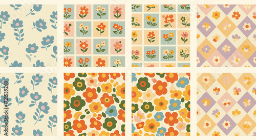 Vibrant collection of retro floral seamless patterns, featuring charming vintage-inspired daisy and bloom designs in diverse artistic styles, perfect for fabric, wallpaper, and digital backgrounds