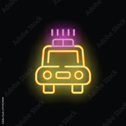 Bright yellow neon police car sign flashing on a black background