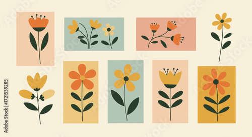 Whimsical Floral Collection Retro Flower Illustration Set for Art Prints