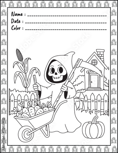 Spooky Cutie Bold & Easy Coloring Page with Cute Animals for Adults and Kid. High resolution (300 DPI), Ready to print on standard 8.5x11-(A4) inch paper With (No Bleed), Black and White. Vector illus