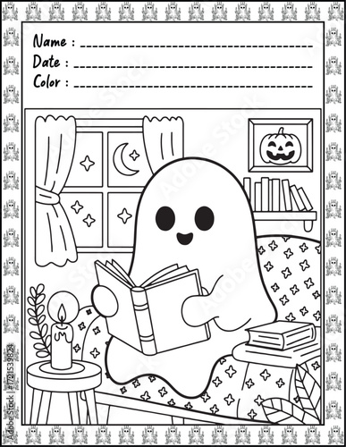Spooky Cutie Bold & Easy Coloring Page with Cute Animals for Adults and Kid. High resolution (300 DPI), Ready to print on standard 8.5x11-(A4) inch paper With (No Bleed), Black and White. Vector illus