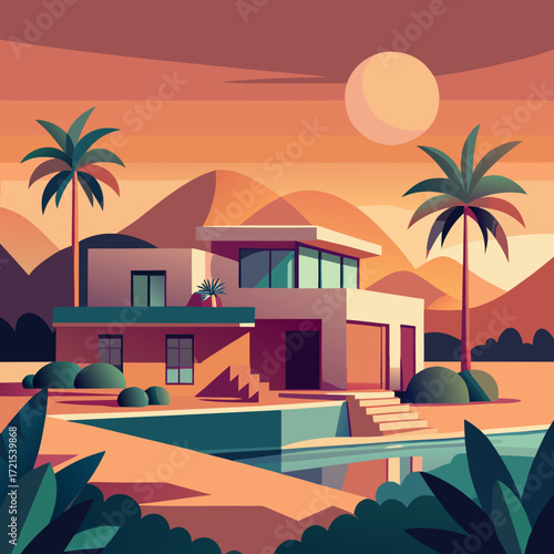 Connectivity luxury desert villa with pool and palm trees at sunset