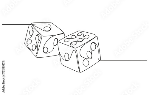 continuous line art drawing of dice, dice one line art vector, Continuous contour drawing of game dice, Two dice one line drawing. Dice Rolling A Continuous Line Drawing Depiction