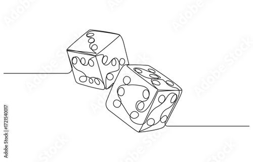 continuous line art drawing of dice, dice one line art vector, Continuous contour drawing of game dice, Two dice one line drawing. Dice Rolling A Continuous Line Drawing Depiction