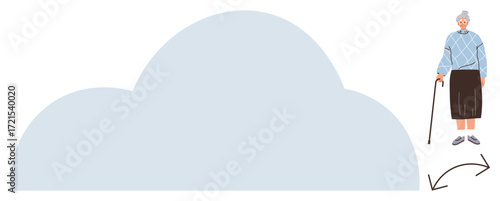 Elderly woman standing with cane beside a large cloud curved arrows suggest movement or transition. Ideal for aging, care, cloud computing, transition, journey, elderly support, and simplicity. A