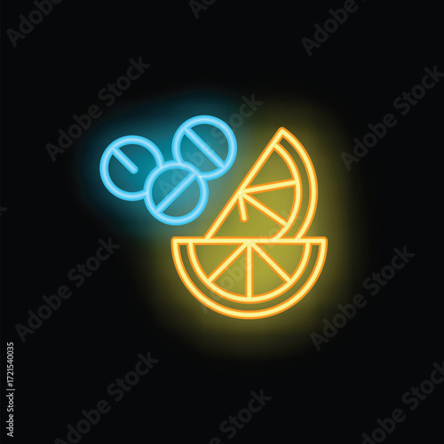 Neon icon of pills and orange slices representing vitamin c supplement