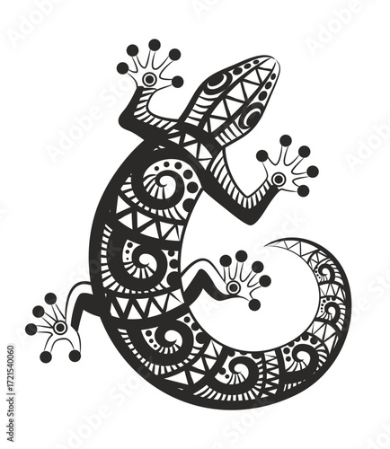 A stylized black image of a lizard on a white background.