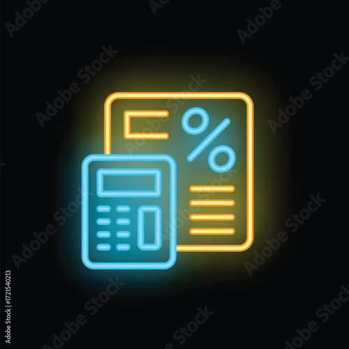 Neon icon of a calculator calculating the percentage symbol on a document
