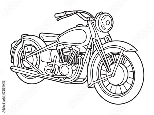 Vintage motorcycle line art – classic 1957 motorbike outline drawing with spoked wheels, cruiser style, monochrome vector illustration for coloring, posters, automotive design and retro transport them