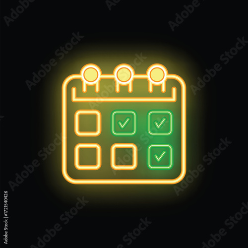 Neon calendar icon showing tasks done with check marks on black background