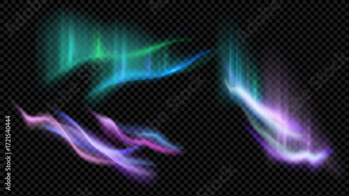 The aurora borealis, natural light phenomenon in the northern sky. Vector illustration isolated on transparent background.