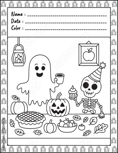 Spooky Cutie Bold & Easy Coloring Page with Cute Animals for Adults and Kid. High resolution (300 DPI), Ready to print on standard 8.5x11-(A4) inch paper With (No Bleed), Black and White. Vector illus
