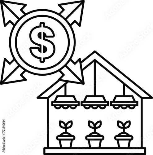 A dollar sign is above a house with a bunch of plants in it