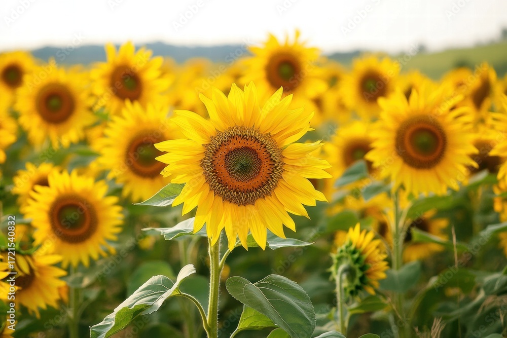 Fototapeta premium Closeup of blooming sunflowers in field