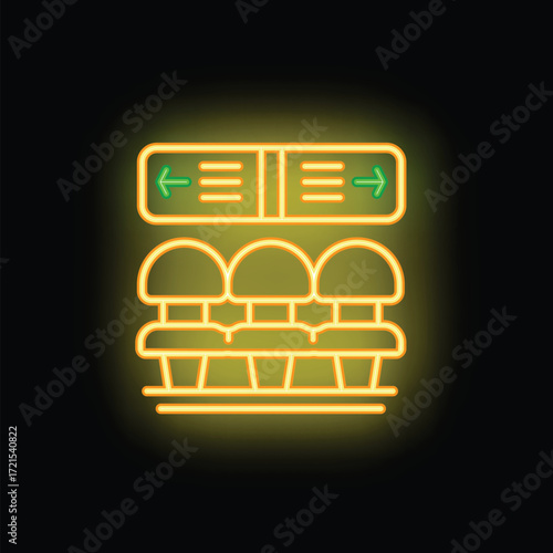 Bright neon icon of empty seats in airport waiting area with arrival departure board