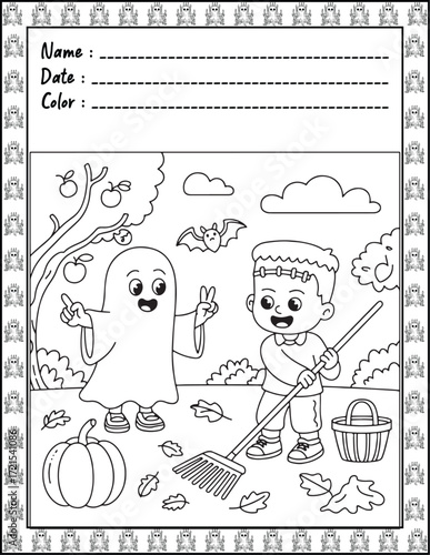 Spooky Cutie Bold & Easy Coloring Page with Cute Animals for Adults and Kid. High resolution (300 DPI), Ready to print on standard 8.5x11-(A4) inch paper With (No Bleed), Black and White. Vector illus