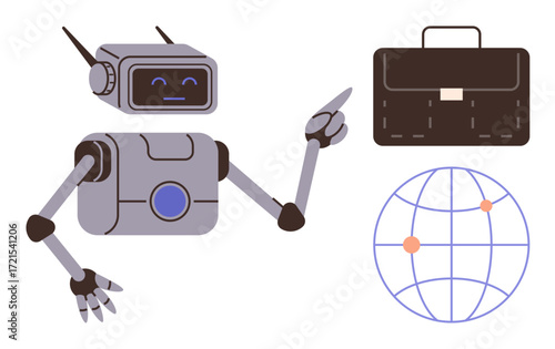 Robot gestures toward a suitcase and marked globe, representing technological innovation, international business, AI, automation, global connectivity, career growth, and futuristic technology. Ideal