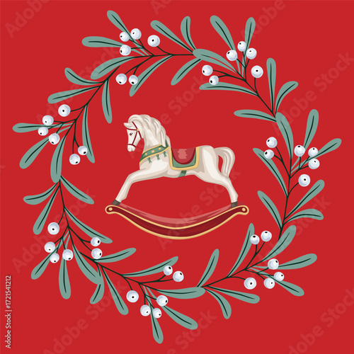Christmas wreath with mistletoe branch, rocking horse. Holiday decoration.