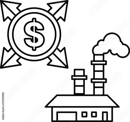 A dollar sign is drawn above a factory with smoke coming out of it