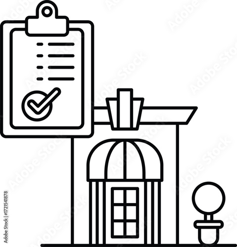 A black and white drawing of a building with a clipboard and a check mark on it