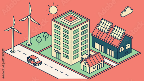 Connectivity ecofriendly cityscape with renewable energy sources and buildings
