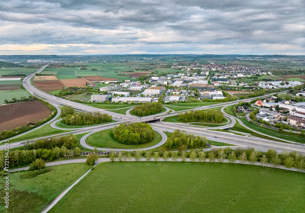 Fototapeta premium aerial view of Highway intersection Stuttgart North connecting German Highways A81 and B10, Baden Württemberg, Germany 