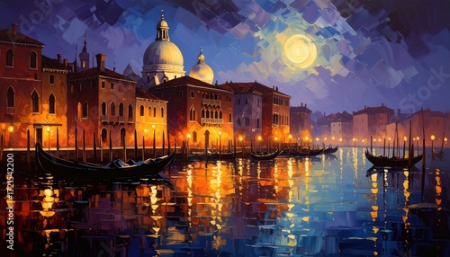 Impressionist-style painting of Venice at night with gondolas on shimmering water, glowing lanterns, and moonlight reflecting the charm of timeless European travel